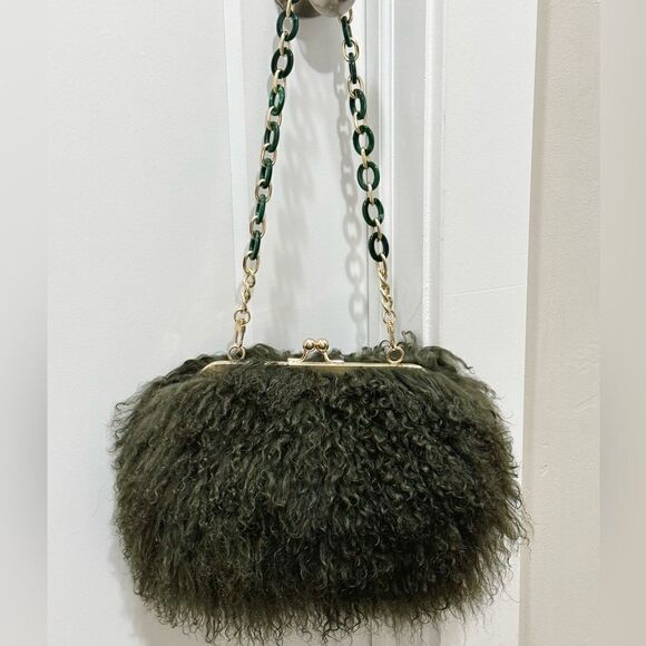 Olive Green Handmade Real Mongolian Lamb Fur Kisslock Purse & 2 Chain Styles - Picture 1 of 12